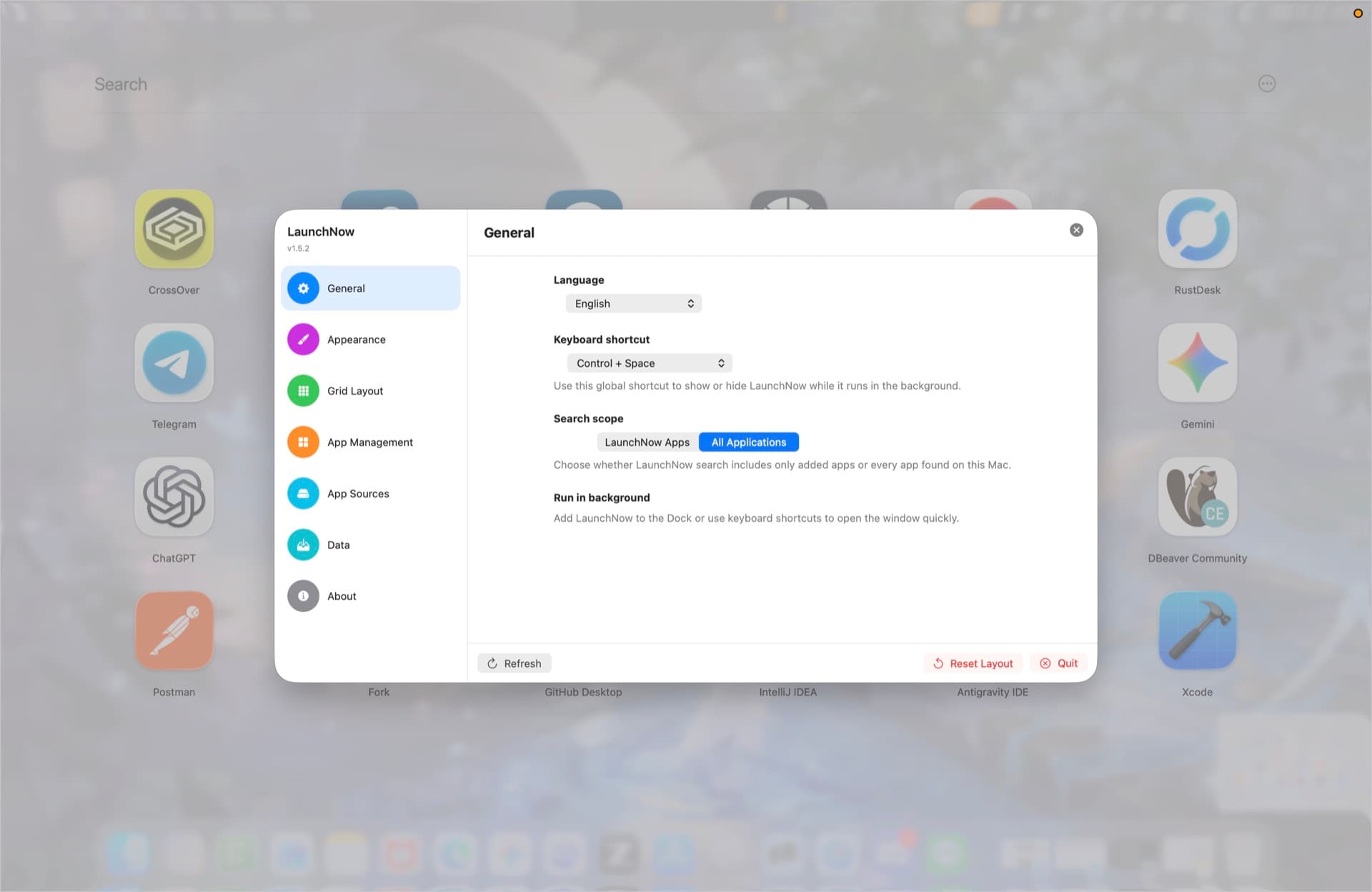 LaunchNow general settings with language, shortcut, and search scope
