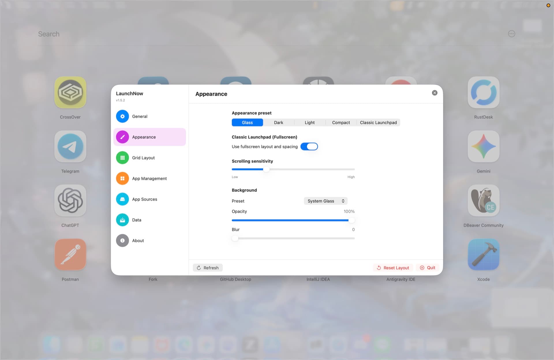 LaunchNow appearance settings with presets and background controls