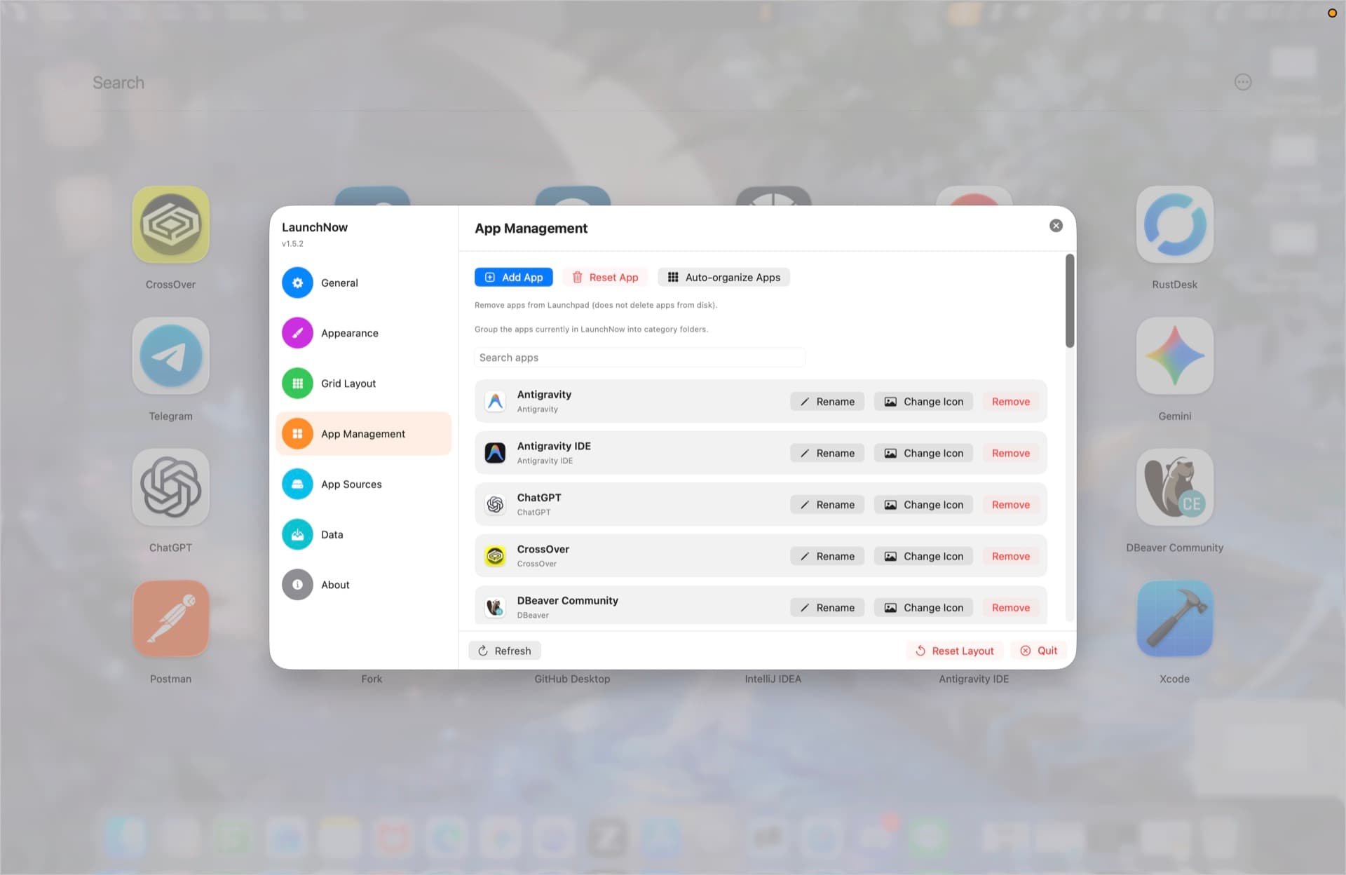 LaunchNow app management with rename and icon controls