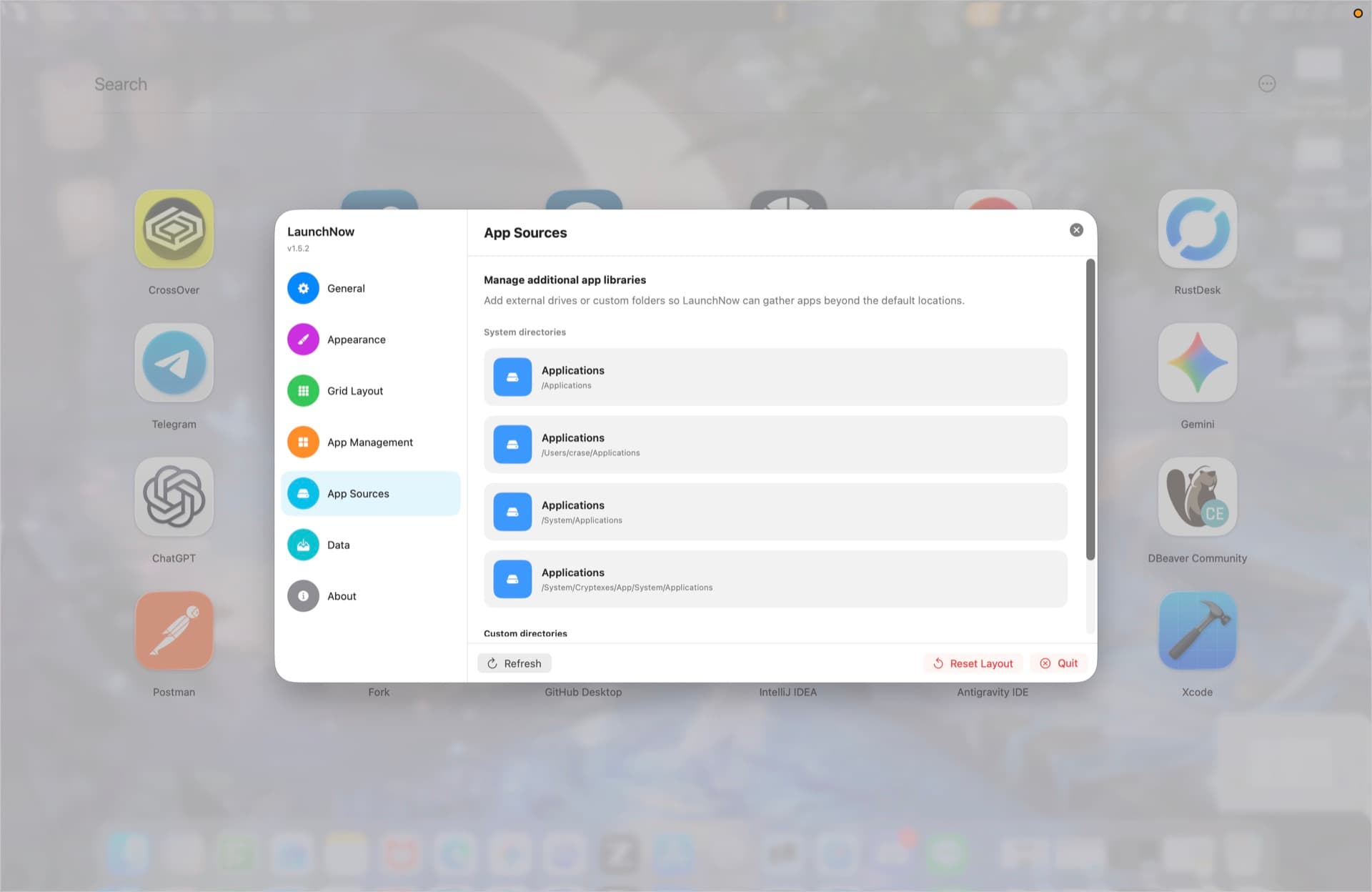 LaunchNow app sources settings