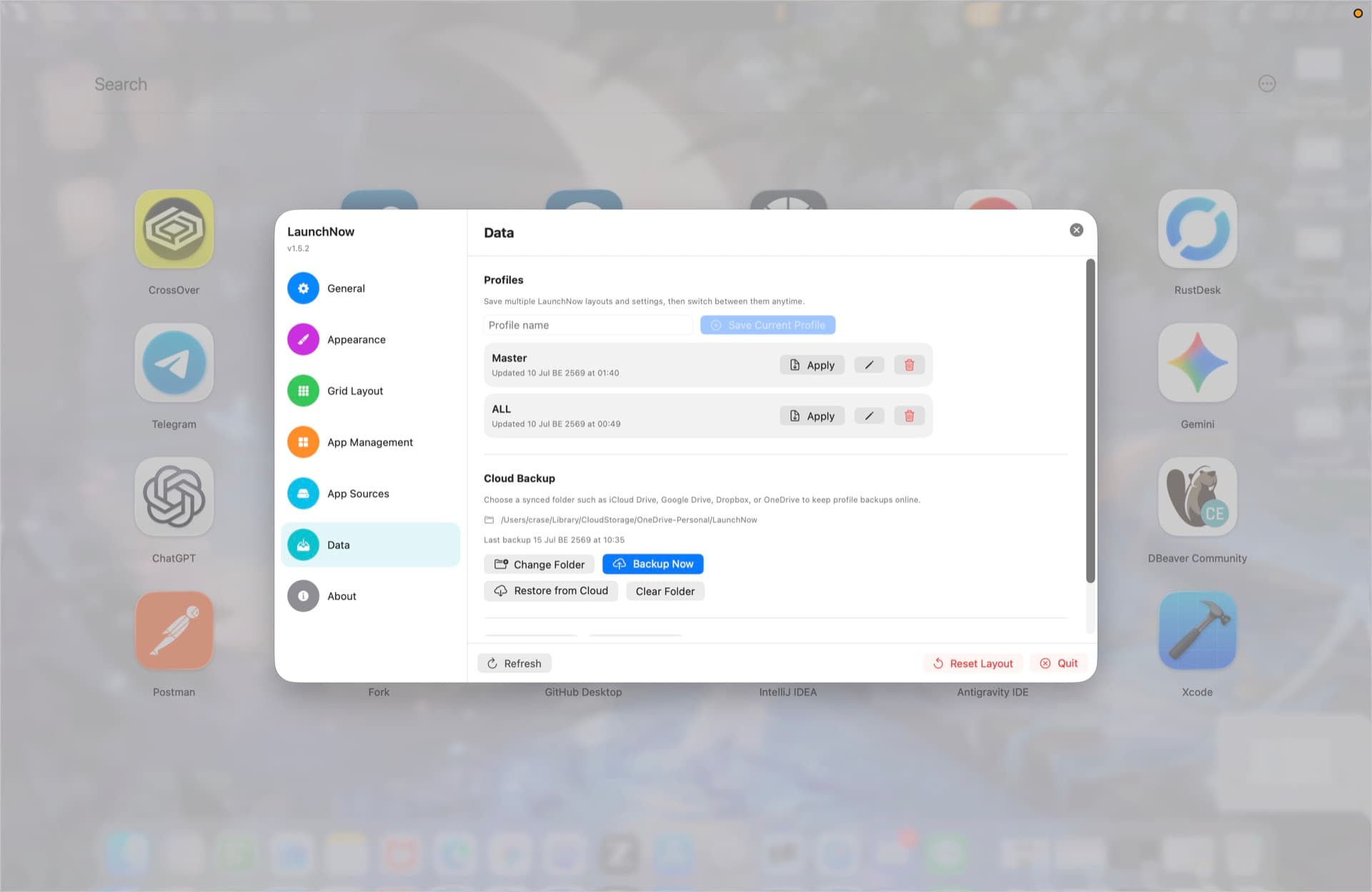 LaunchNow profiles and cloud backup settings